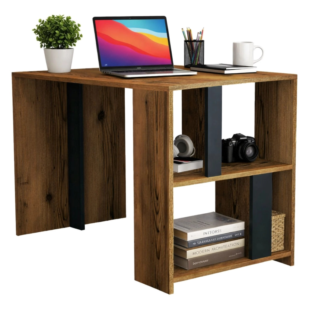Scrivania Bising, Scrittoio multiuso, Tavolo per ufficio porta PC, Piano di lavoro, 120x60h75 cm, Noce e Antracite