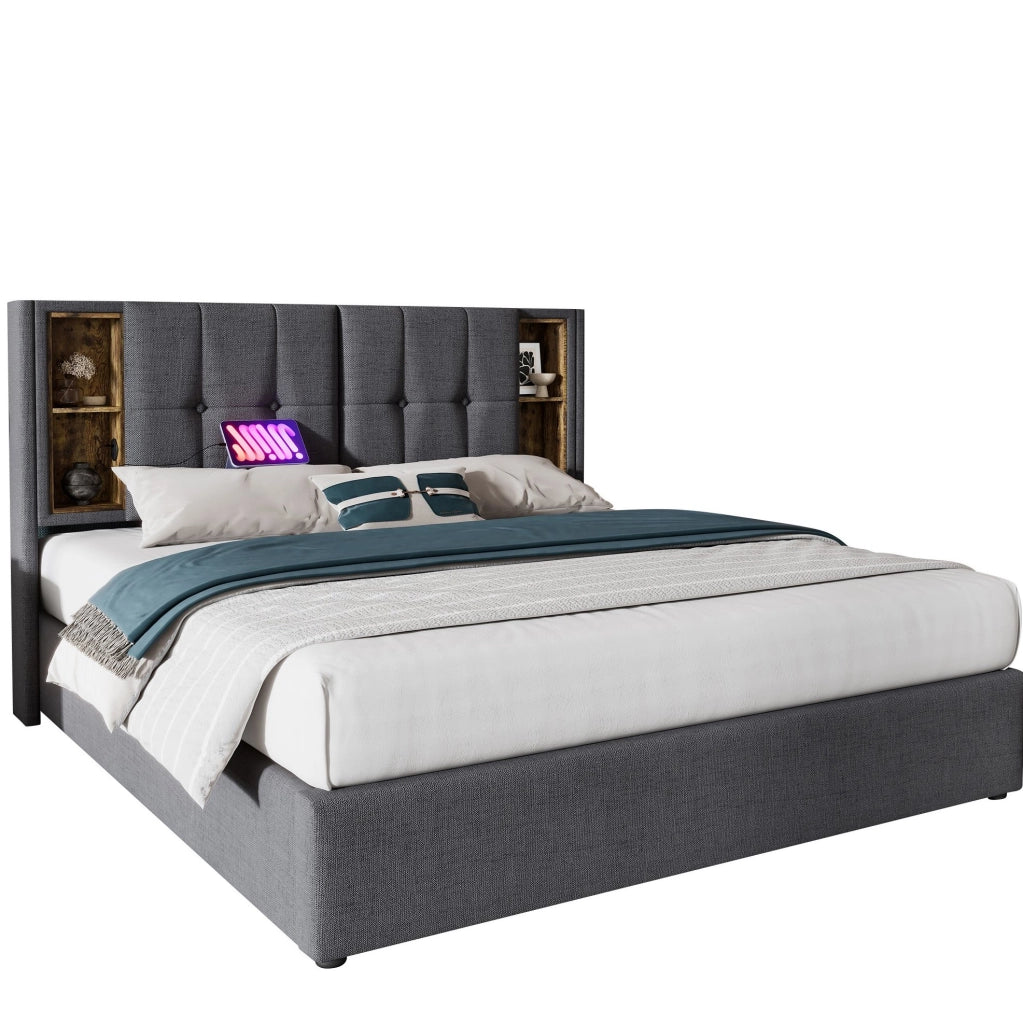 Letto matrimoniale imbottito 160x200 cm grigio con ricarica wireless; USB e contenitore