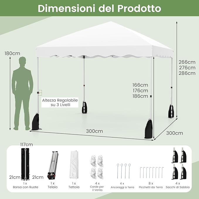 Gazebo Pop-up da Esterno 3 x 3 m, Gazebo Pieghevole con Borsa con Ruote, 8 Picchetti, 4 Ancore, 4 Corde Antivento, 4 Sacchi di Sabbia, Tendone Impermeabile per Eventi Commerciali (Bianco)