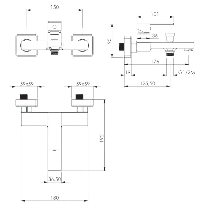 Miscelatore vasca quadrato, completo, cromato