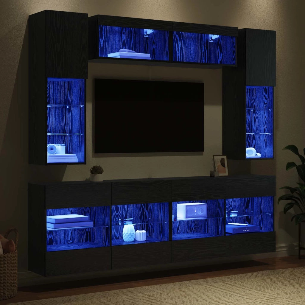 Set di Mobiletto da TV a Parete con led 6 pcs Rovere Nero