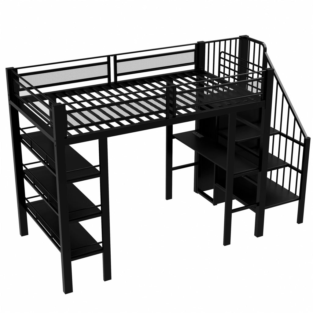 Hochbett 90 x 200 cm in metallo con scrivania, scaffale a 3 livelli, guardaroba integrato, LED e presa, nero