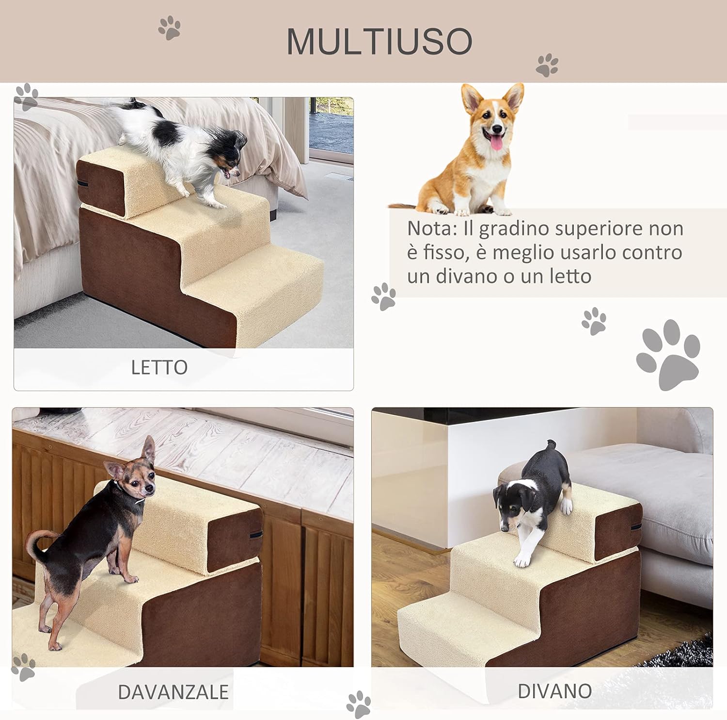 Scala per Cani con Tappetino Antiscivolo 54x40 H39cm 3 Gradini Rimovibili