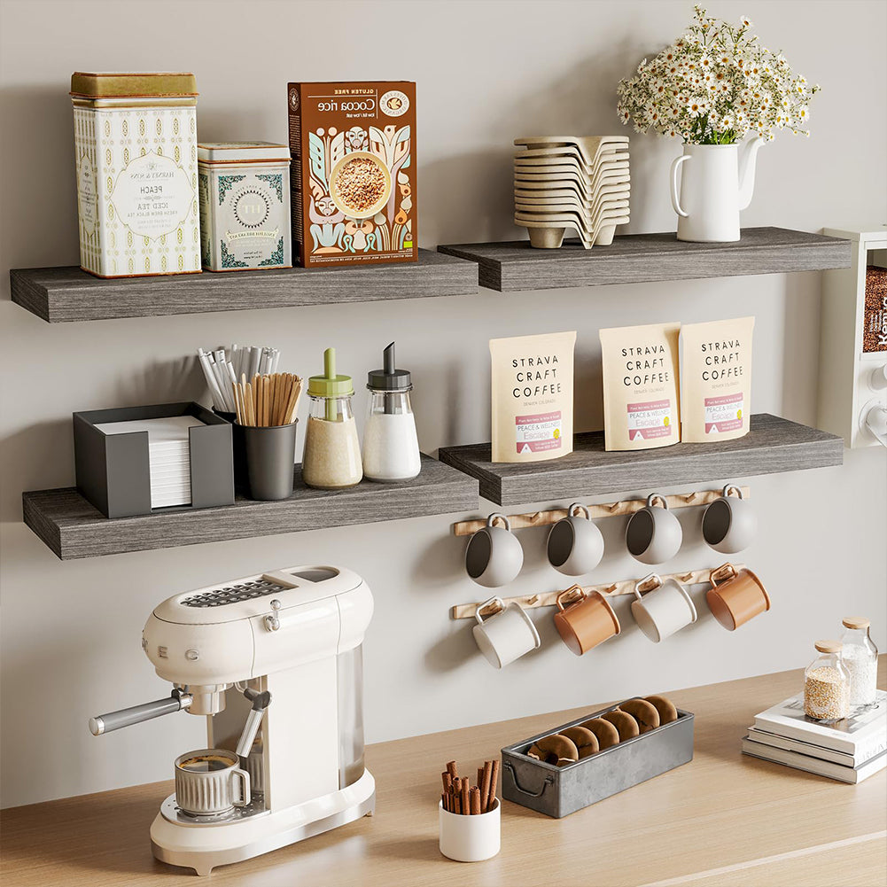 Set 4 Mensole da Parete Grigio in Legno Scaffali a Muro Scaffalatura Multiuso