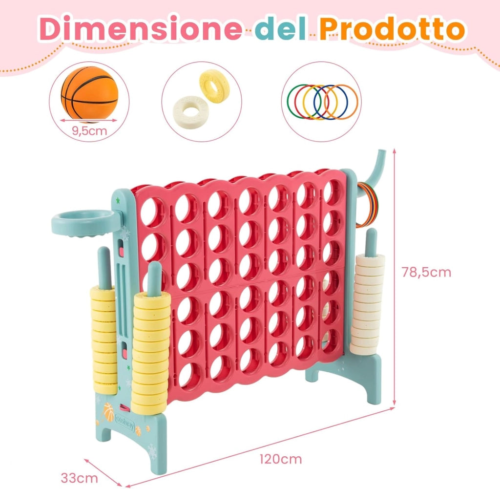 Forza 4 Gigante, Set di Gioco Forza Quattro con Canestro da Basket e Anelli da Lancio, 42 Gettoni, Giochi da Interno ed Esterno per Bambini e Adulti (Rosso e verde)