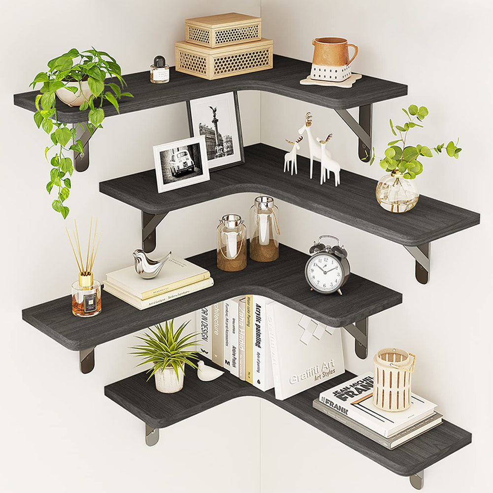 Set 4 Mensole in Legno Nero da Parete Scaffalatura Muro Salvaspazio 41x14x29cm