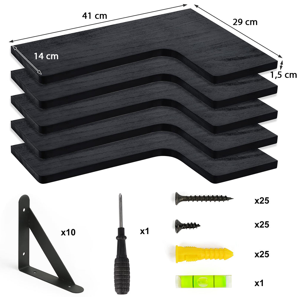 Set 4 Mensole in Legno Nero da Parete Scaffalatura Muro Salvaspazio 41x14x29cm