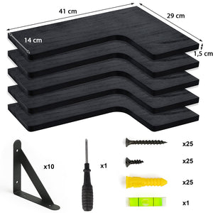 Set 4 Mensole in Legno Nero da Parete Scaffalatura Muro Salvaspazio 41x14x29cm