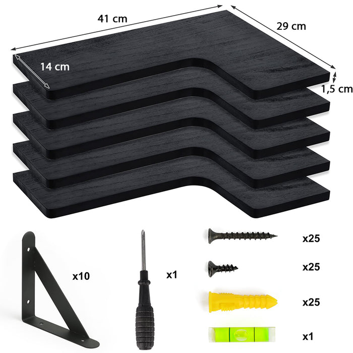 Set 4 Mensole in Legno Nero da Parete Scaffalatura Muro Salvaspazio 41x14x29cm