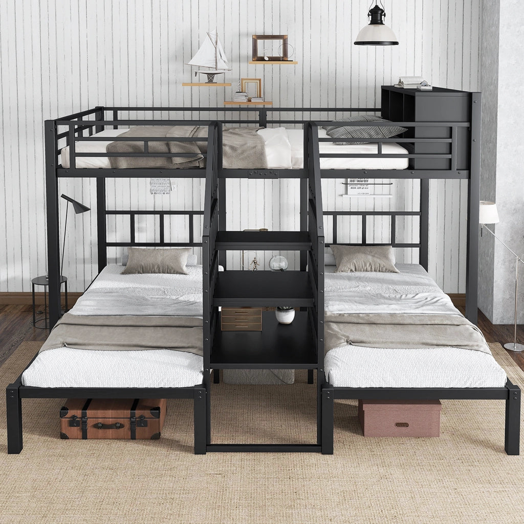OKWISH Letto a Castello 90×200 cm e 140×200 cm, Letto 3 Posti con Scala, Contenitore e Corrimani, senza Materasso, Nero