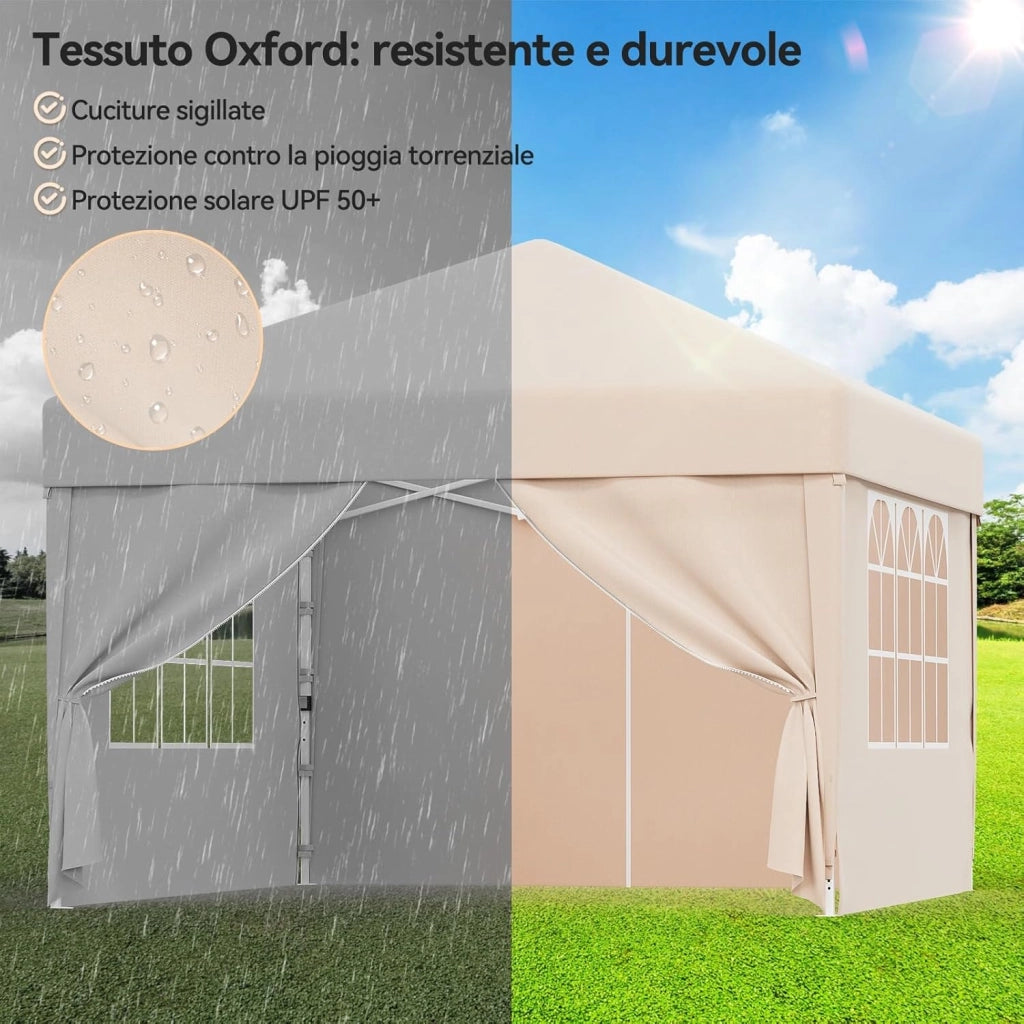 Gazebo 3x3 Pieghevole Impermeabile UPF50+, 3 Altezze Regolabili, 4 Pareti Rimuovibili, Gazebo da Giardino per 8-10 Persone, Pop-up Gazebo Esterno Resistente con Borsa da Trasporto, Beige