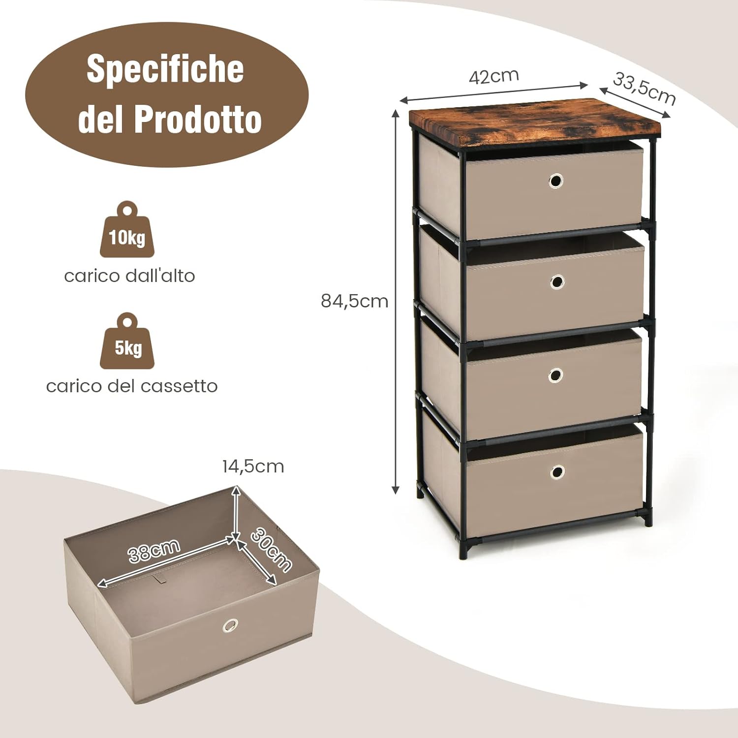 Cassettiera in Tessuto, Mobile con 4 Cassetti e Struttura Robusta in Metallo, Mobiletto Salvaspazio per Camera da Letto, Corridoio, Ingresso e Armadio, 42 x 33,5 x 84,5 cm (Marrone)