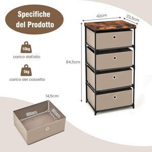 Cassettiera in Tessuto, Mobile con 4 Cassetti e Struttura Robusta in Metallo, Mobiletto Salvaspazio per Camera da Letto, Corridoio, Ingresso e Armadio, 42 x 33,5 x 84,5 cm (Marrone)