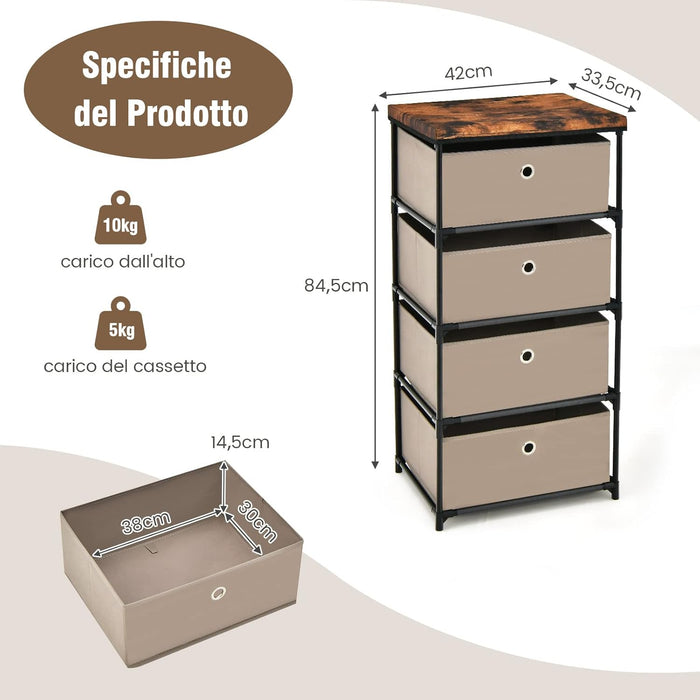 Cassettiera in Tessuto, Mobile con 4 Cassetti e Struttura Robusta in Metallo, Mobiletto Salvaspazio per Camera da Letto, Corridoio, Ingresso e Armadio, 42 x 33,5 x 84,5 cm (Marrone)