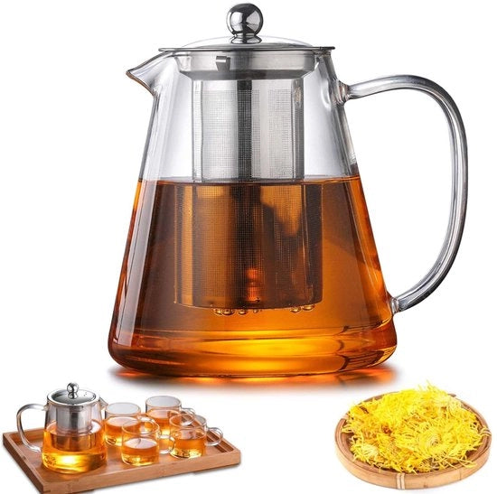 Teiera da 1300 ml - Teiera in Vetro Borosilicato con Filtro e Maniglia in Acciaio Inossidabile - Resistente al Calore - Teiera Robusta e Sostenibile