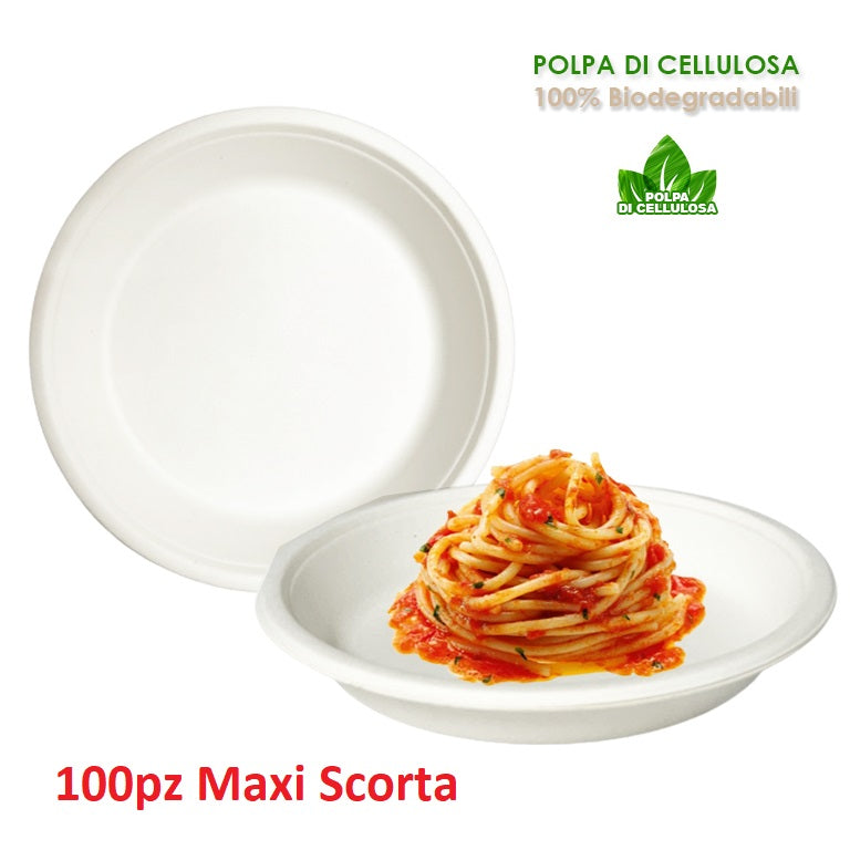 Piatti Monouso Fondo 100pz 21cm 100% Biodegradabili Bianco Casa Bar Ristorante