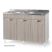Sottolavello per cucina componibile da 120 cm con tre ante, con Lavello Vasca a Sinistra + Gocciolatoio, realizzata in legno 100% MADE IN ITALY colore Olmo
