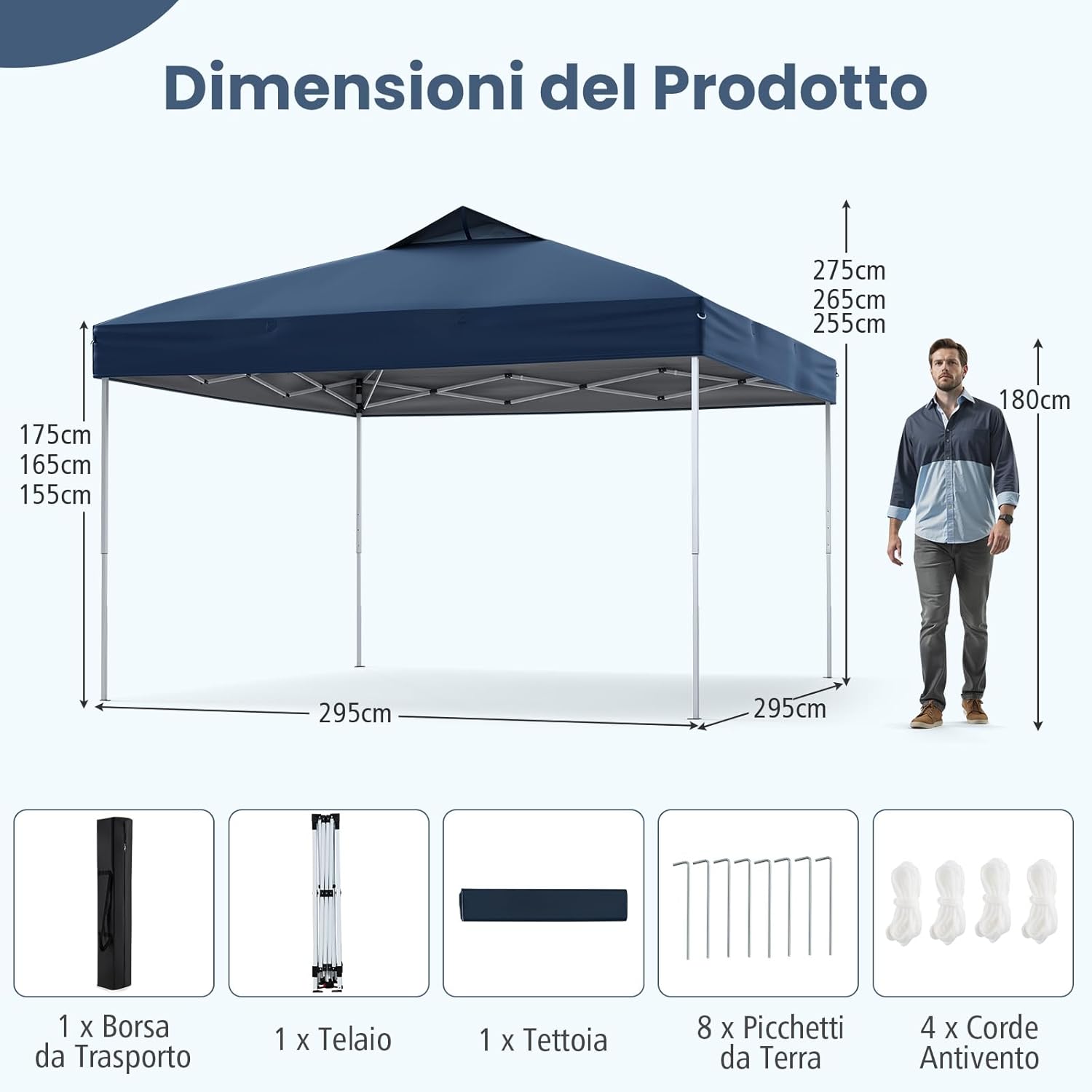 Gazebo Pop-up da 295 x 295 cm, Gazebo da Giardino Impermeabile con Blocco Centrale, Borsa da Trasporto Portatile, Corde Antivento, Picchetti, Tenda Regolabile in Altezza per Feste (Blu Scuro)
