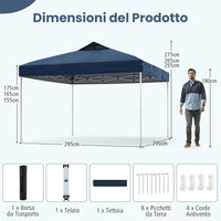 Gazebo Pop-up da 295 x 295 cm, Gazebo da Giardino Impermeabile con Blocco Centrale, Borsa da Trasporto Portatile, Corde Antivento, Picchetti, Tenda Regolabile in Altezza per Feste (Blu Scuro)