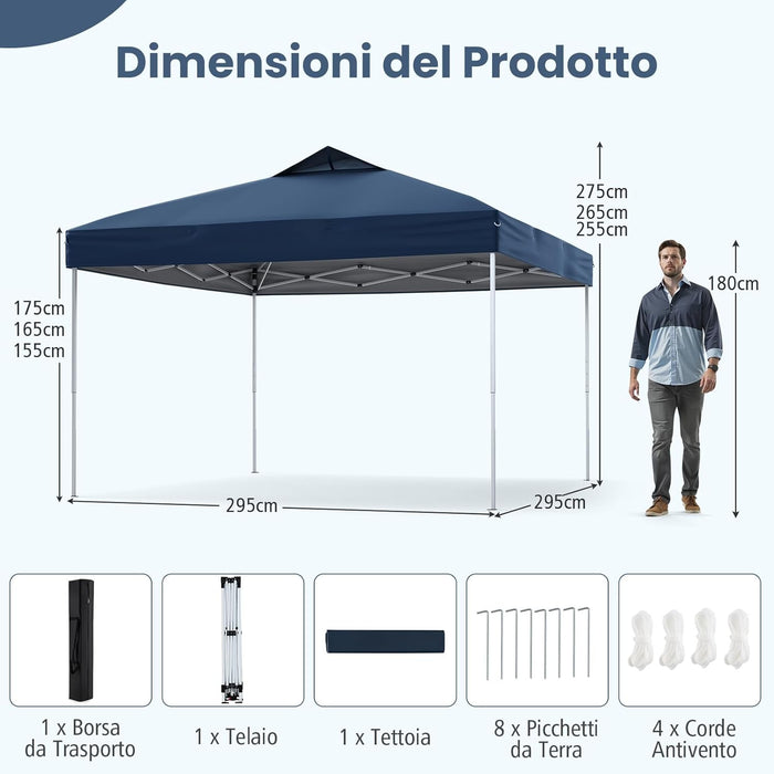 Gazebo Pop-up da 295 x 295 cm, Gazebo da Giardino Impermeabile con Blocco Centrale, Borsa da Trasporto Portatile, Corde Antivento, Picchetti, Tenda Regolabile in Altezza per Feste (Blu Scuro)