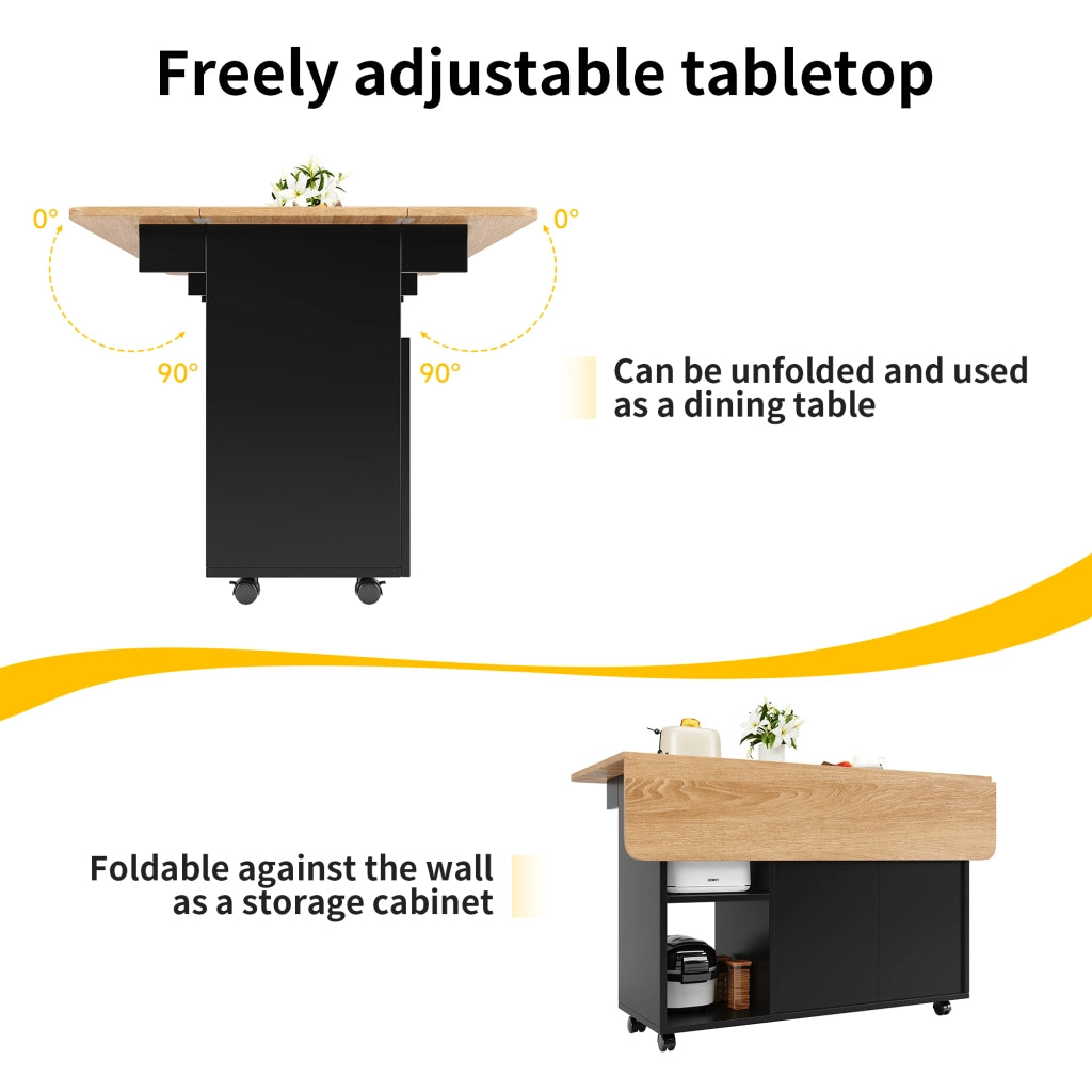 Carrello da Cucina con Piano Ribaltabile; 2 Vani Chiusi; Ripiani Aperti e Ruote; in MDF e Vetro; 120x30x79.5 cm; Nero e Naturale