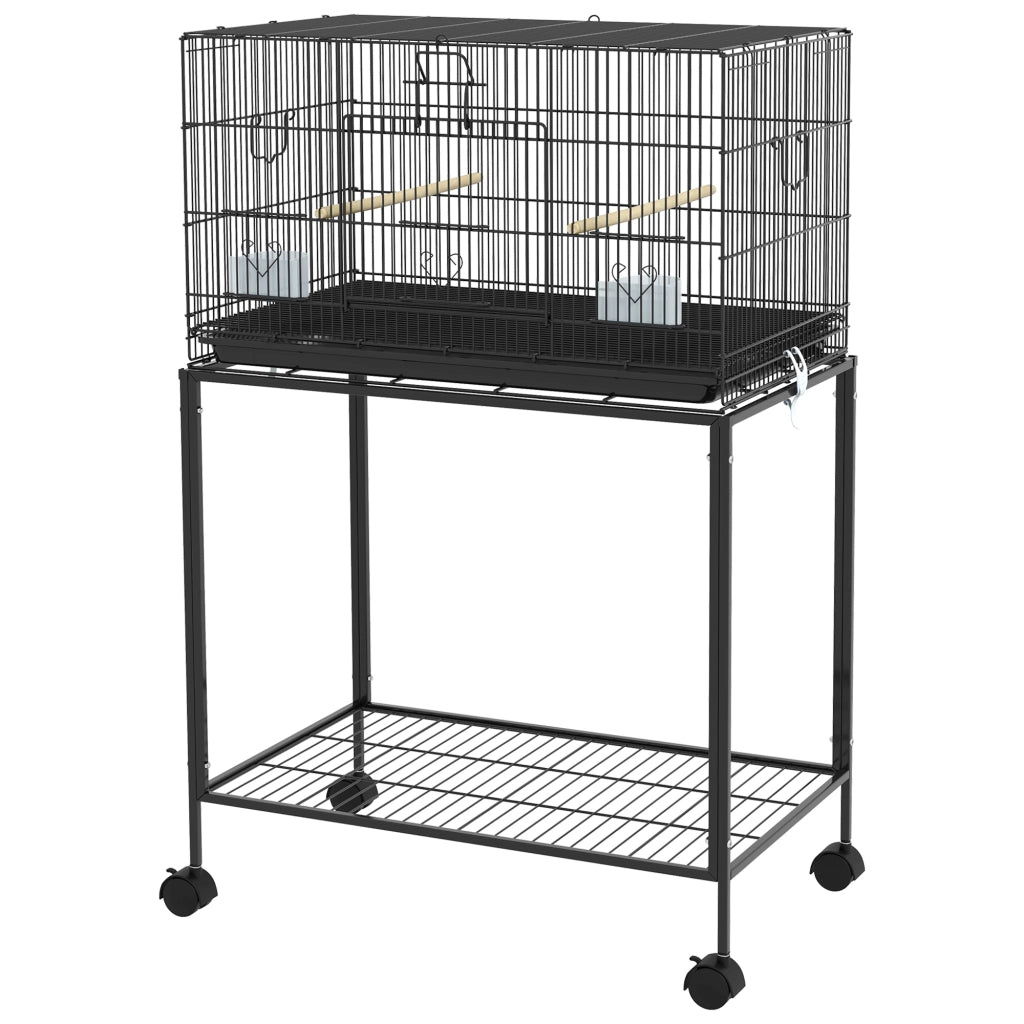 Gabbia per Uccelli con Ruote ¨C Xylo ¨C 77x46x119 cm, Metallo Nero, Vassoio Estraibile, 2 Posatoi