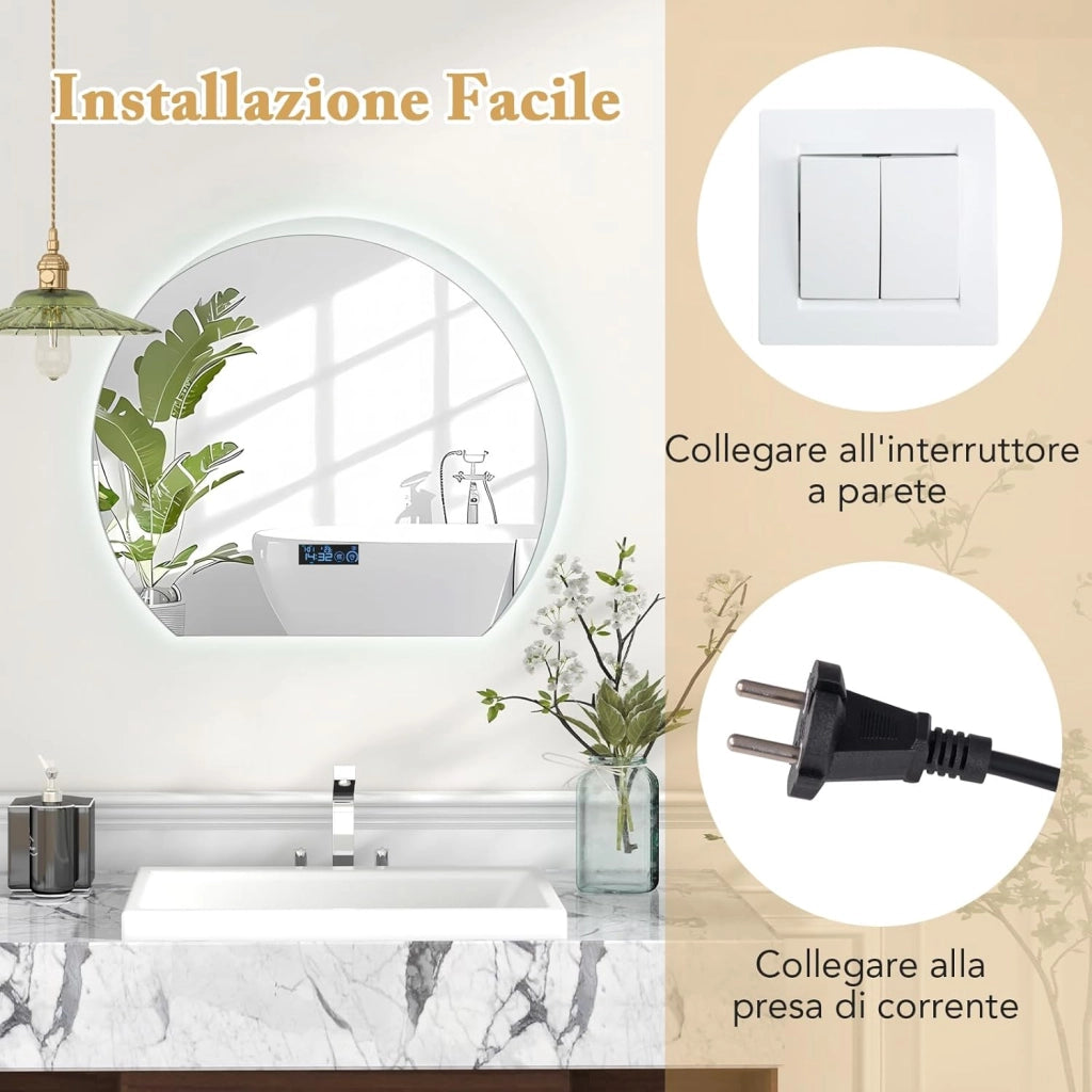 Specchio da Parete, Specchio IP44 da Bagno Arco Moderno 60 x 53 x 3 cm con Cornice in Alluminio, Luce Led Regolabile e Display per Sogiorno, Camera da Letto e Ingresso, Bianco
