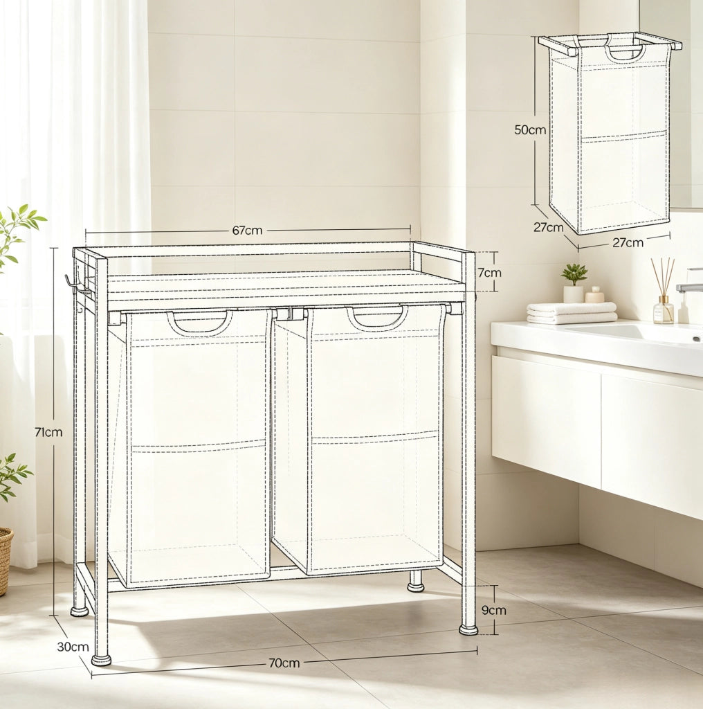 Portabiancheria a 2 scomparti 70 x 71 x 30 cm in legno chiaro e bianco