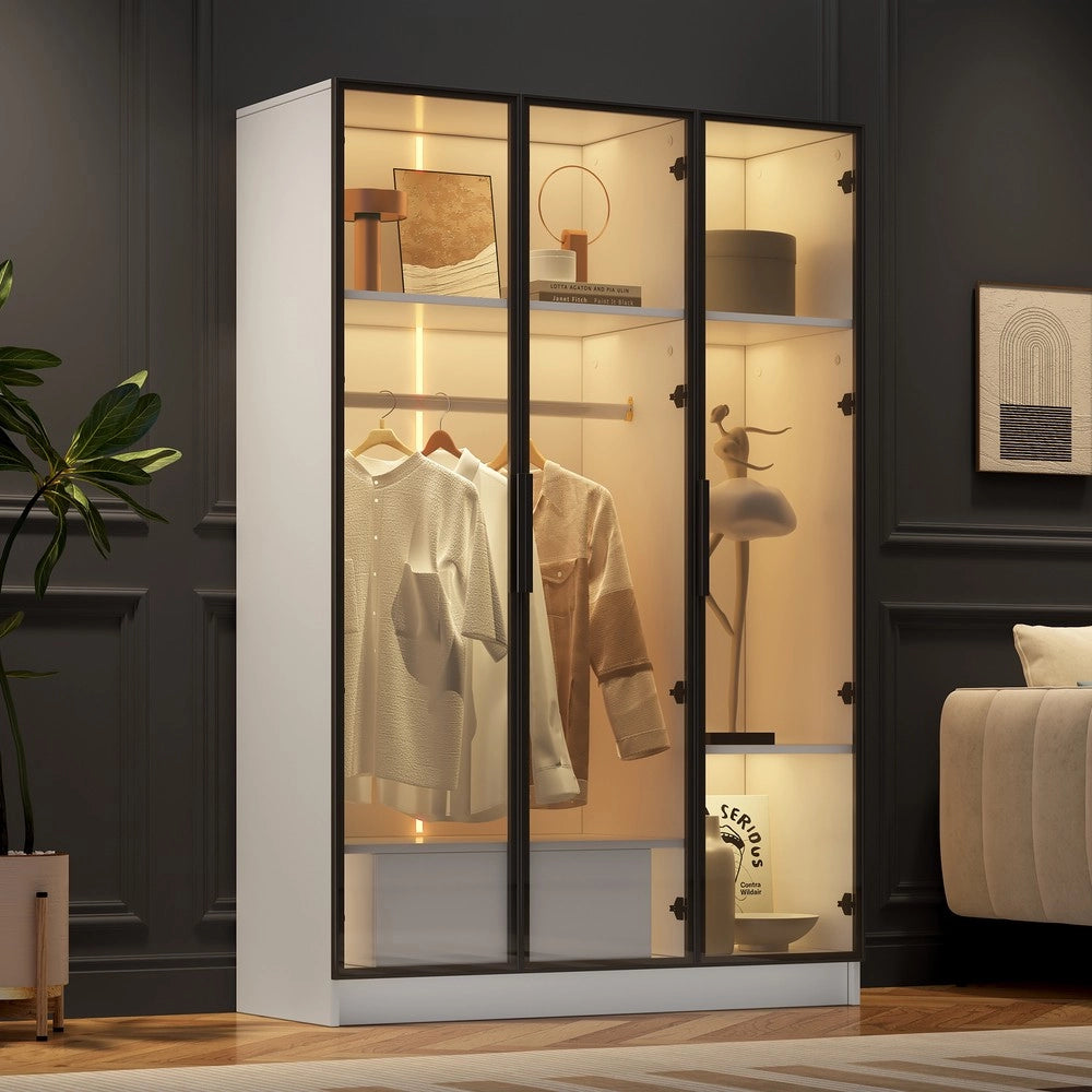 Armadio con Ante in Vetro Scorrevoli e Cassetto con LED ¨C MINIMAL ¨C Bianco, 110x50x160