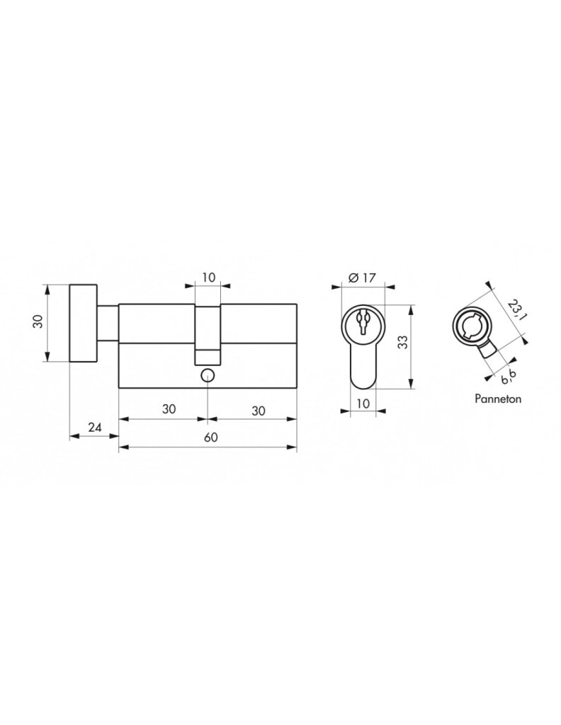 Cilindro STD con pomolo 30 x 30 mm, ottone, 3 chiavi – THIRARD