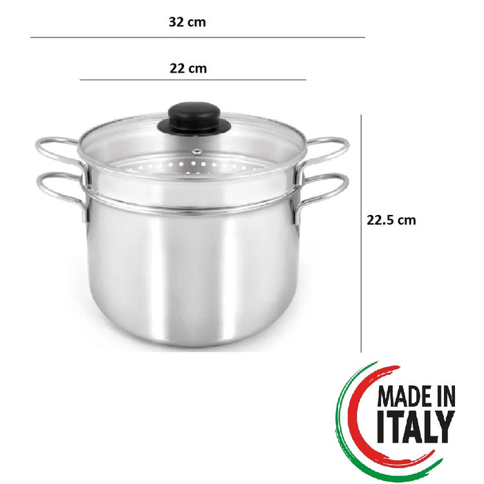 Pentola Cuoci Pasta In Acciaio Inox 22cm 6.4 lt Coperchio Temperato Casa Ristorante