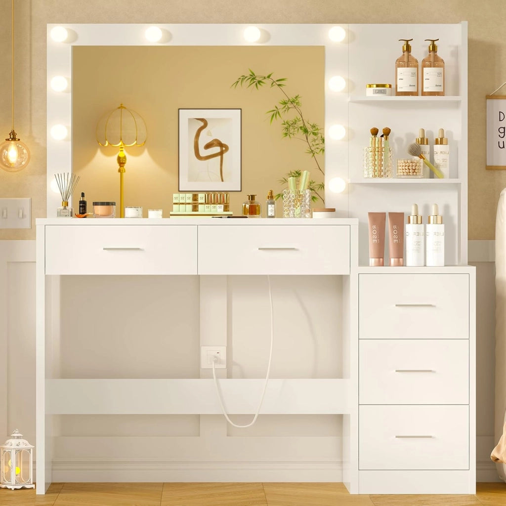 FIONESO Postazione Trucco con 10 Luci LED, 3 Colori Regolabili, 3 Specchietti Ripiegabili, Toeletta Trucco con 2 USB e 2 Prese, 3 Cassetti e 2 Armadi, Bianco