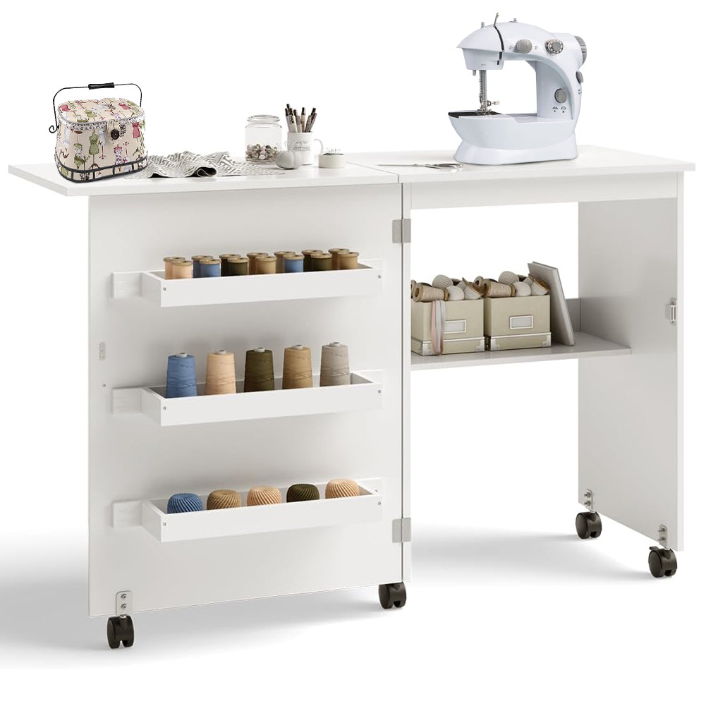 Mobiletto per Macchina da Cucire Tavolo Cucito Pieghevole Multiuso Legno Bianco