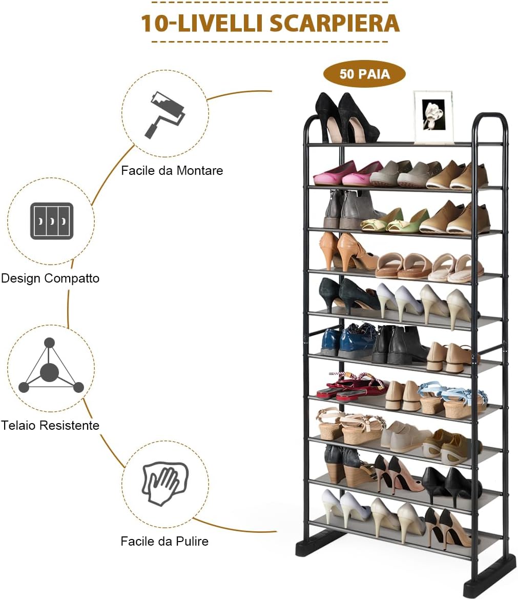 Scarpiera a 10 Ripiani Rimovibile, Organizzatore per Scarpe da 50 Paia, Struttura in Metallo, Ampia Capacità per Ingresso Soggiorno Camera da Letto, 66x29x152 cm