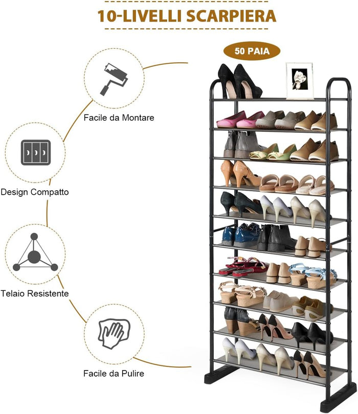 Scarpiera a 10 Ripiani Rimovibile, Organizzatore per Scarpe da 50 Paia, Struttura in Metallo, Ampia Capacità per Ingresso Soggiorno Camera da Letto, 66x29x152 cm