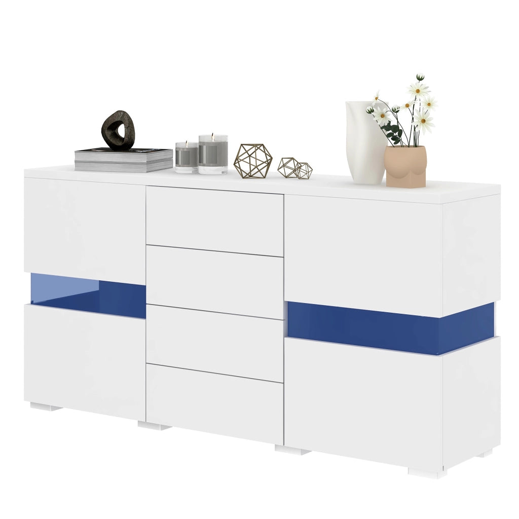 Madia con 2 ante e 4 cassetti; illuminazione LED - in MDF - 145x35x72 cm - bianco