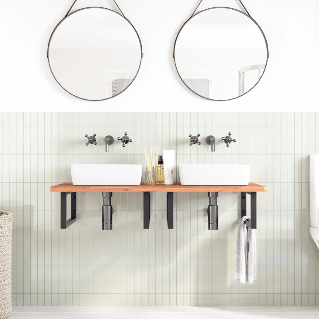 Ripiano a Parete per Lavabo in Acciaio e Massello di Faggio 3302453