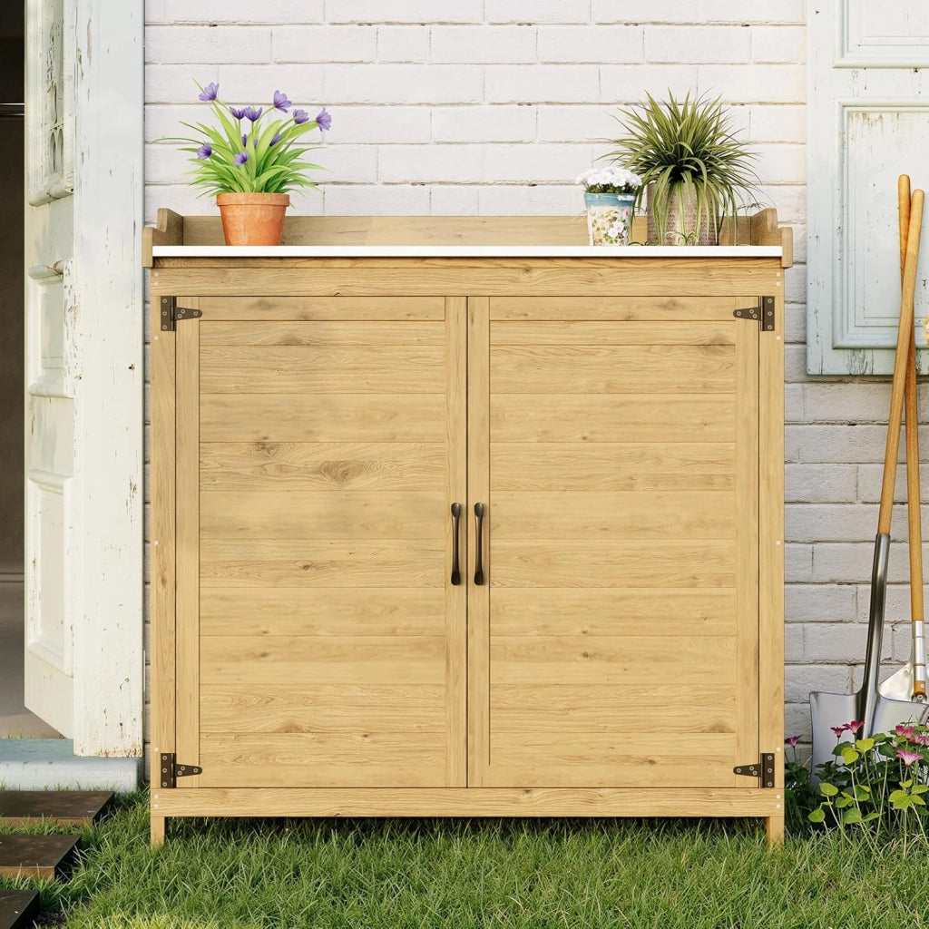 Tavolo da Esterno per Piante, Tavolo da Giardino con Piano di Lavoro Impermeabile, Tavolo da Lavoro in Legno con 1 Ripiano Regolabile, 48x98x95 cm. (Naturale)
