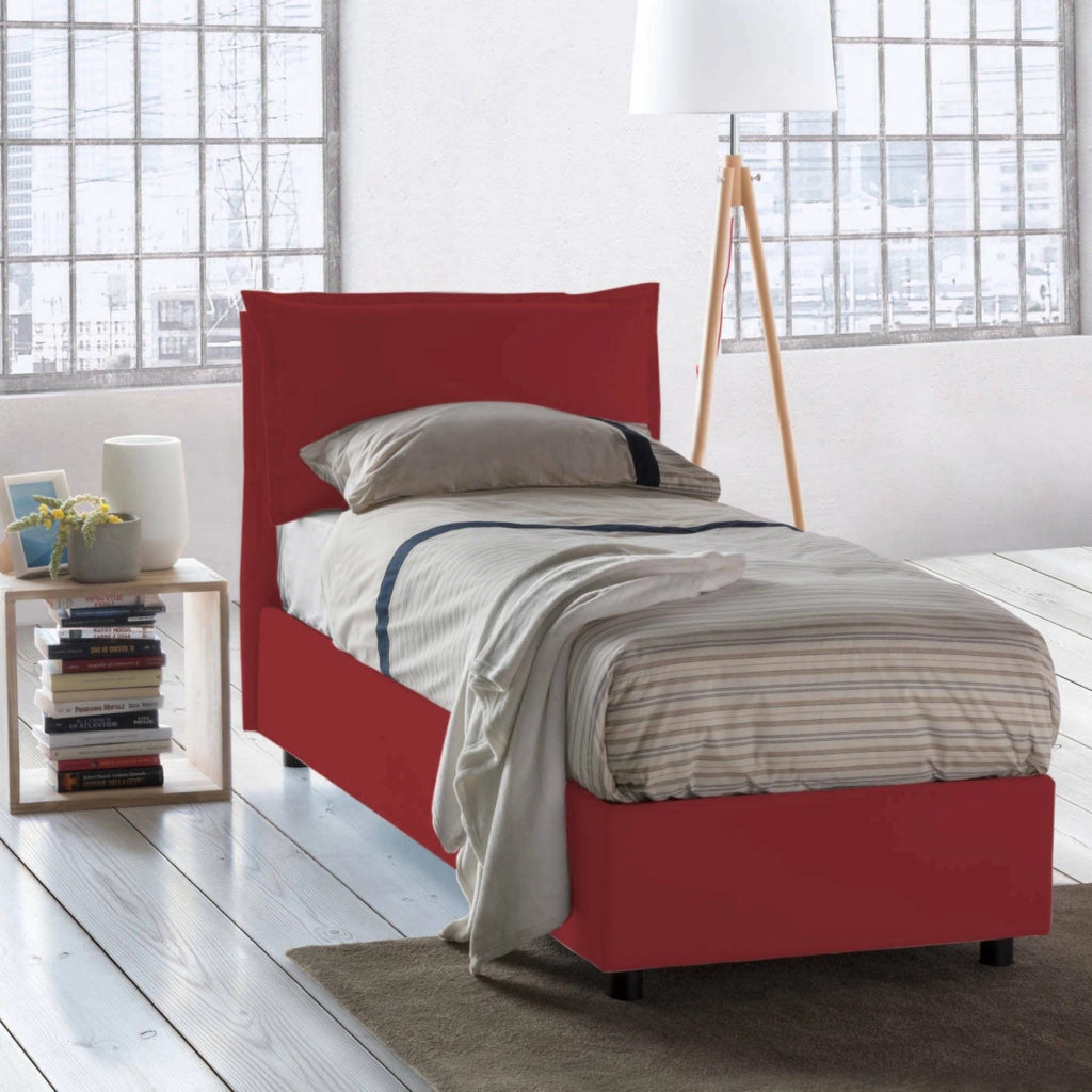 Letto singolo Ancara, Letto contenitore con rivestimento in tessuto, Made in Italy, Apertura frontale, con materasso cm 80x200 incluso, Rosso