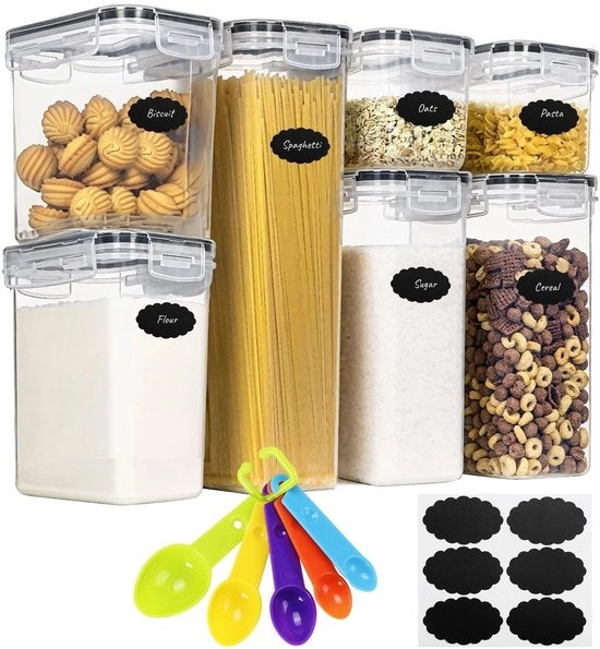 Set di contenitori per la cucina con coperchio, cucchiai, etichette e penna, 7 pezzi di contenitori a chiusura ermetica per alimenti, scatole di plastica per la dispensa e l'archiviazione