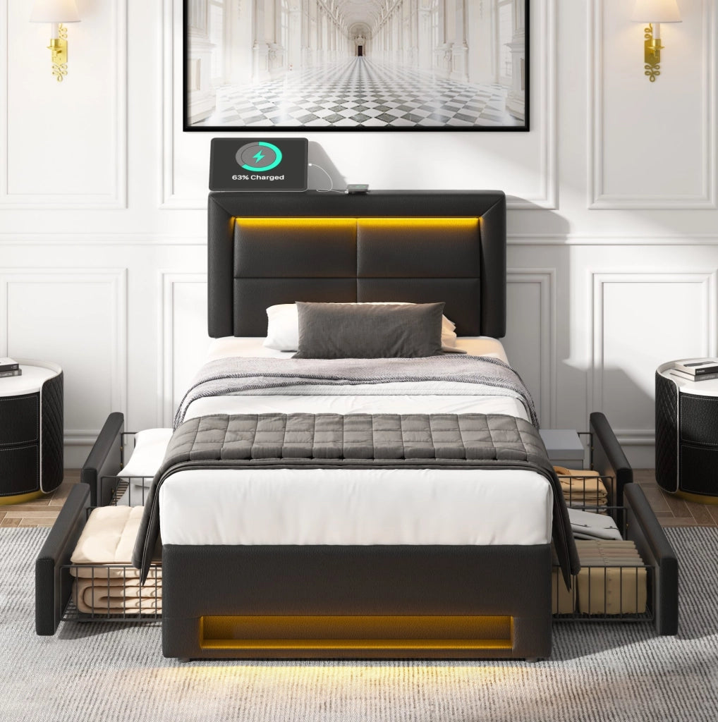 Letto imbottito 90 x 200 cm nero con USB, LED e 4 cassetti
