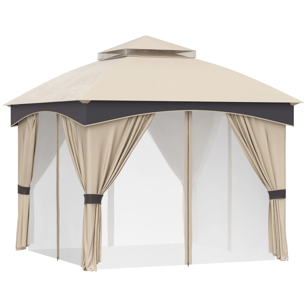 Gazebo da Giardino 3x3m ¨C zephmum ¨C Acciaio, Doppio Tettuccio, Tende, Beige e Grigio