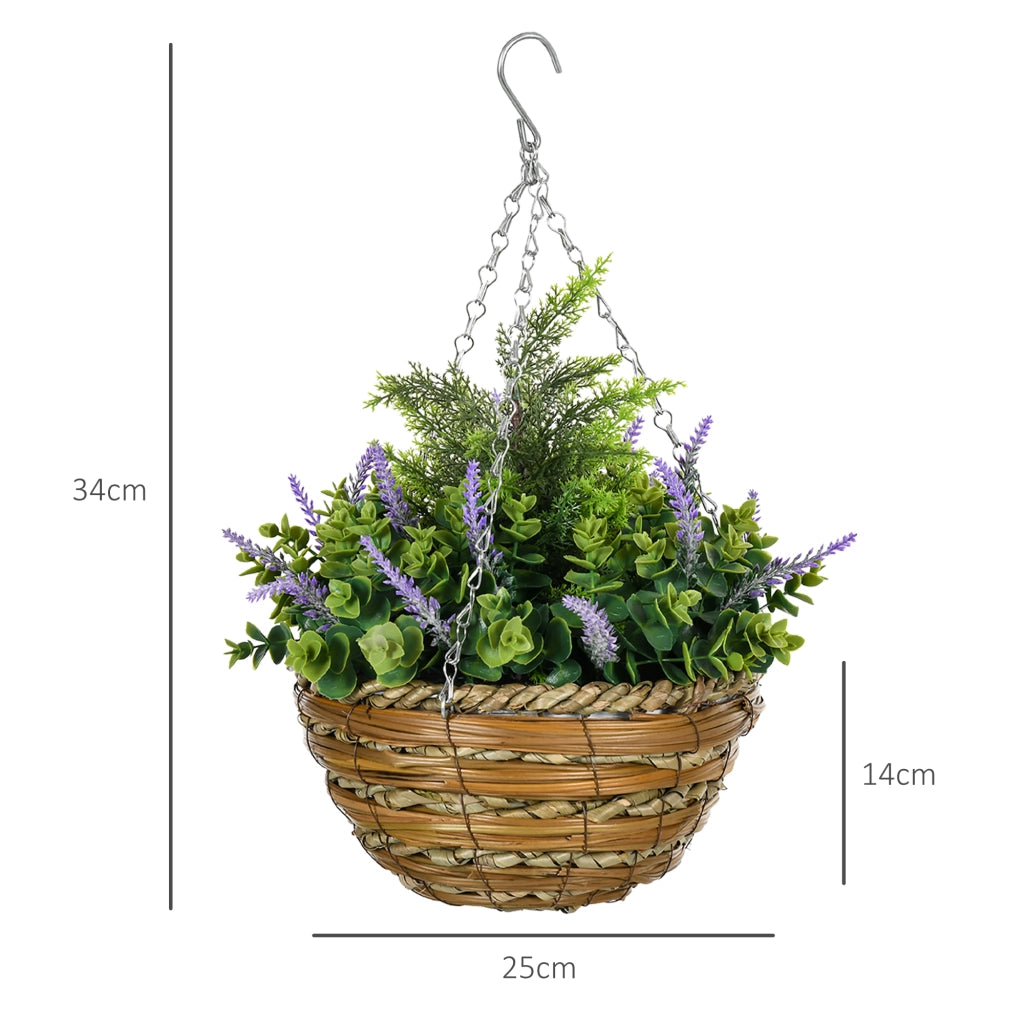 Set da 2 Piante Fiori Artificiali Sospesi Viola con Vaso in Vimini e Catena in Metallo per Casa e Giardino