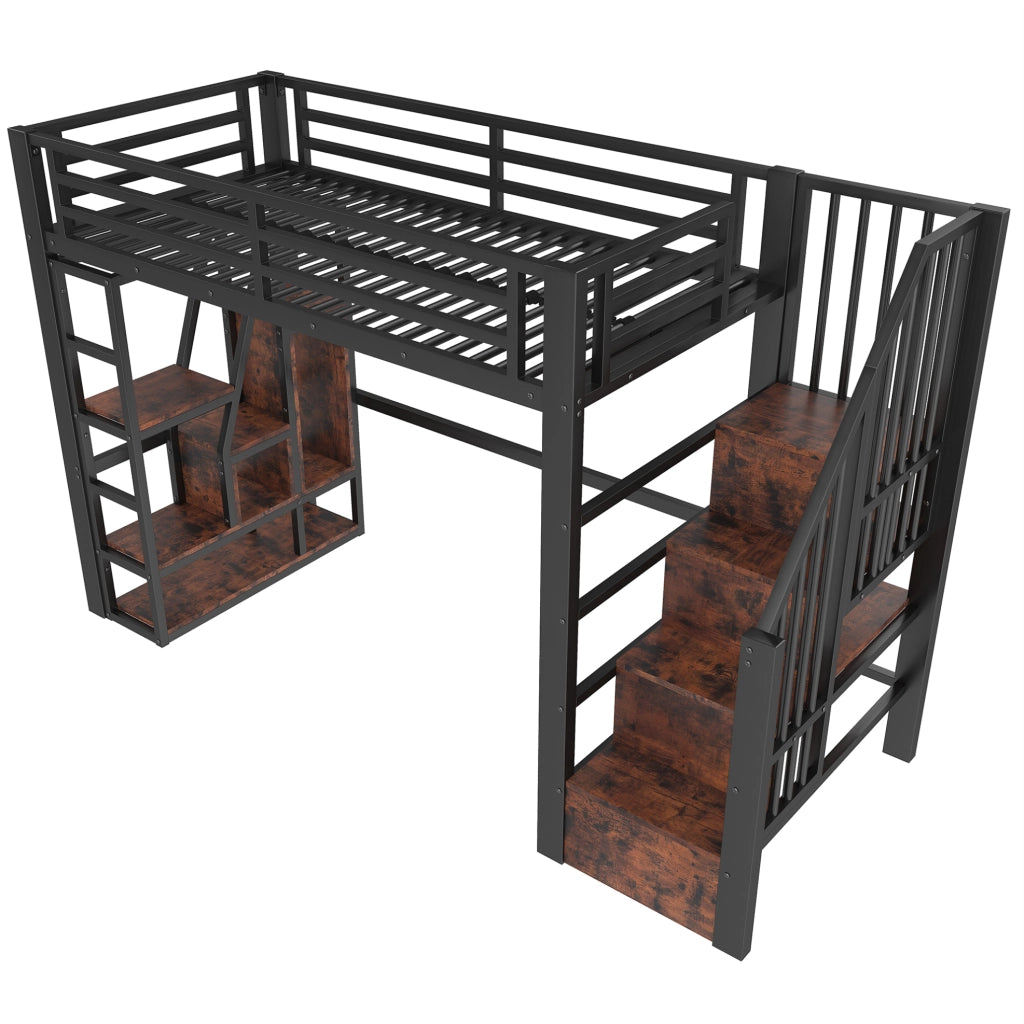 Letto a soppalco ULEVR 90x200 cm con LED multicolore, scaffali e scala contenitore, metallo e MDF nero