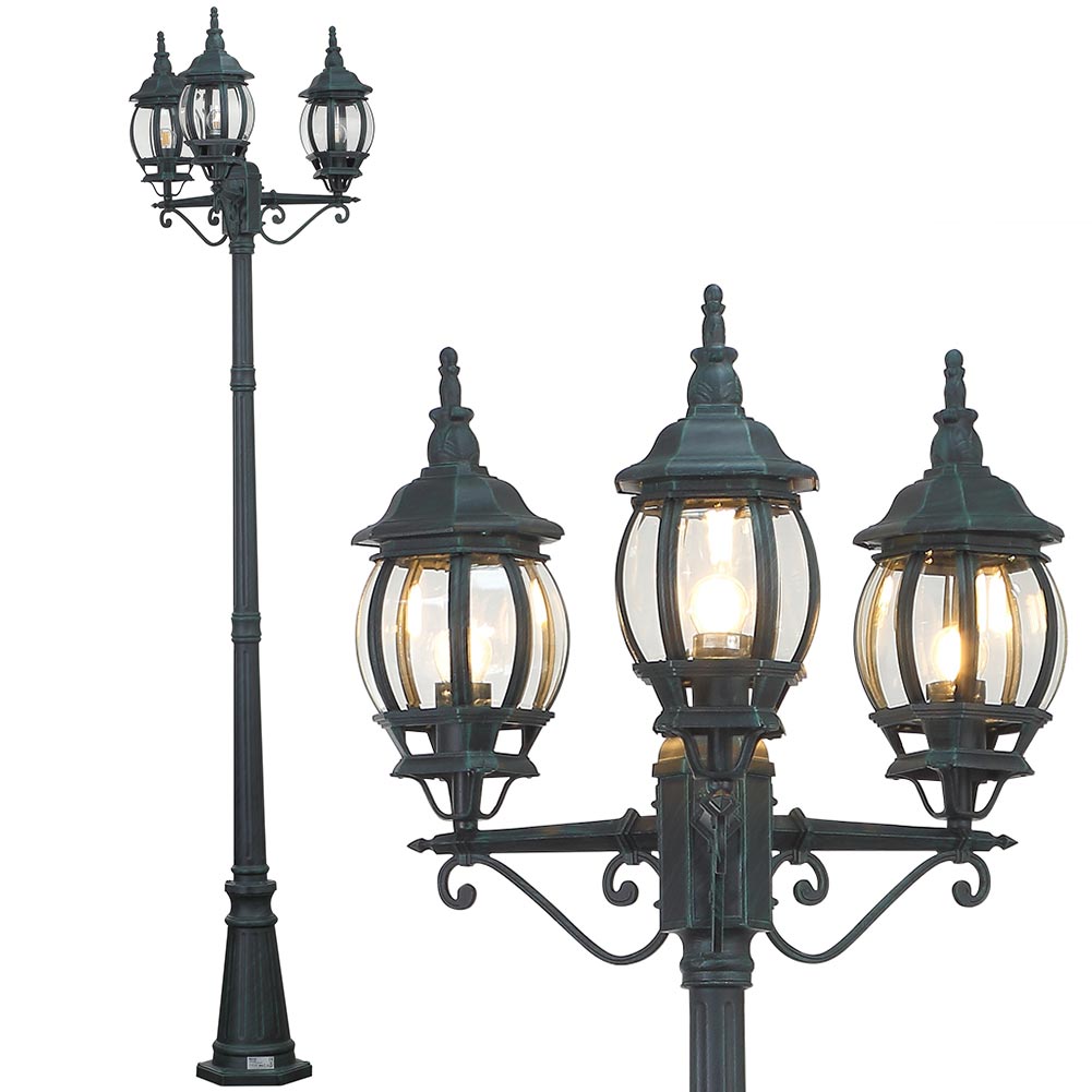 Lampione da Giardino 56x56 H 202 cm Stile Vittoriano Classico 3 x E27 Verde Bronzo