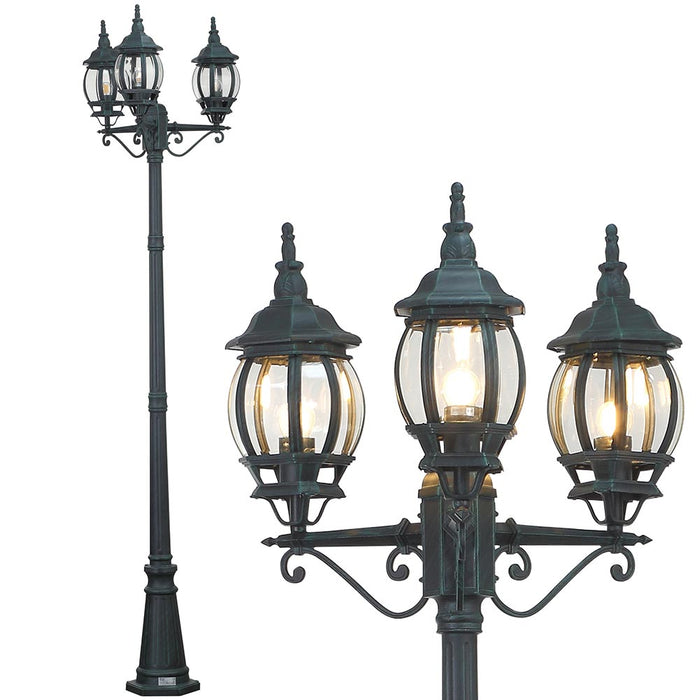 Lampione da Giardino 56x56 H 202 cm Stile Vittoriano Classico 3 x E27 Verde Bronzo