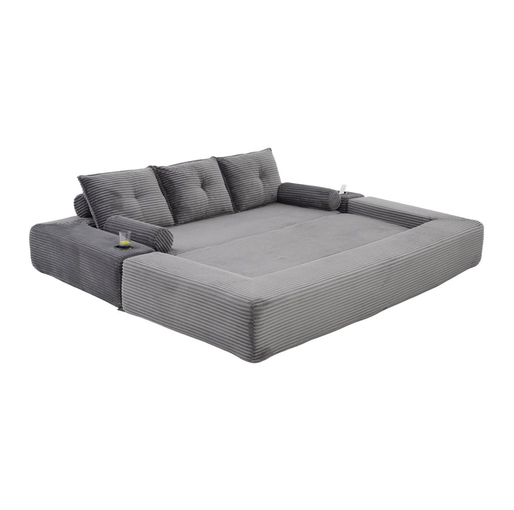Divano Letto in Velluto a Coste per 3 Persone con Schiuma ad Alta Densità e Molle, Cuscini Memory e Porta Bevande, 232x98x80 cm