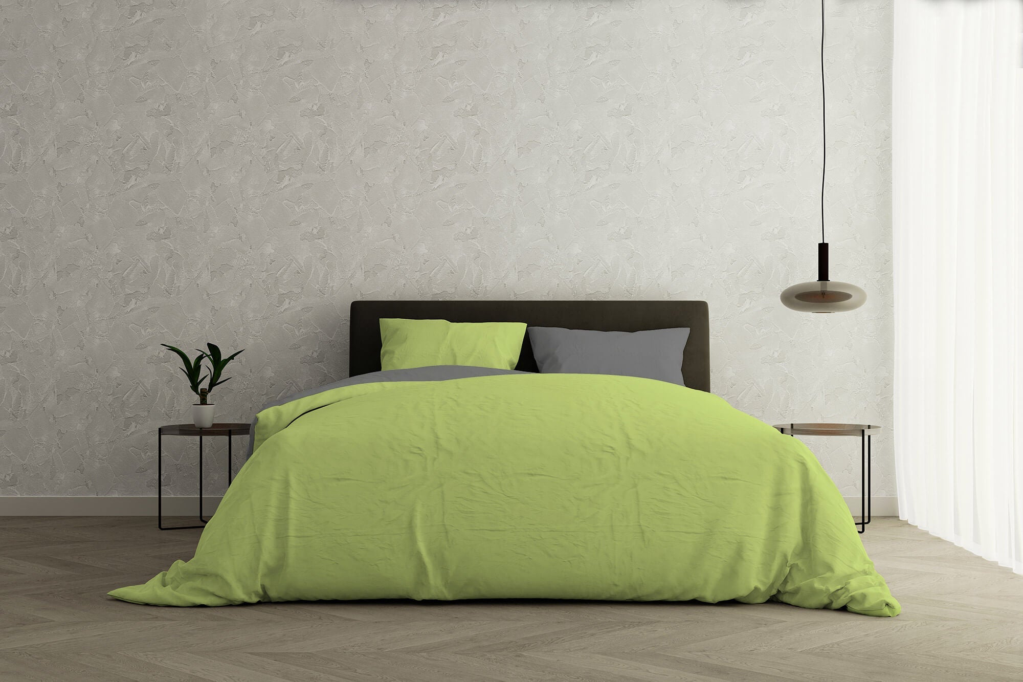 Copripiumino Singolo con Sacco e Federe Doubleface in Cotone Verde Acido/Fumo