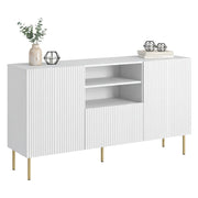 Credenza Stornara, Madia da salotto con due ante battenti, un cassetto e due vani aperti, Design con effetto cannettato, 150x42 h82 cm, Bianco