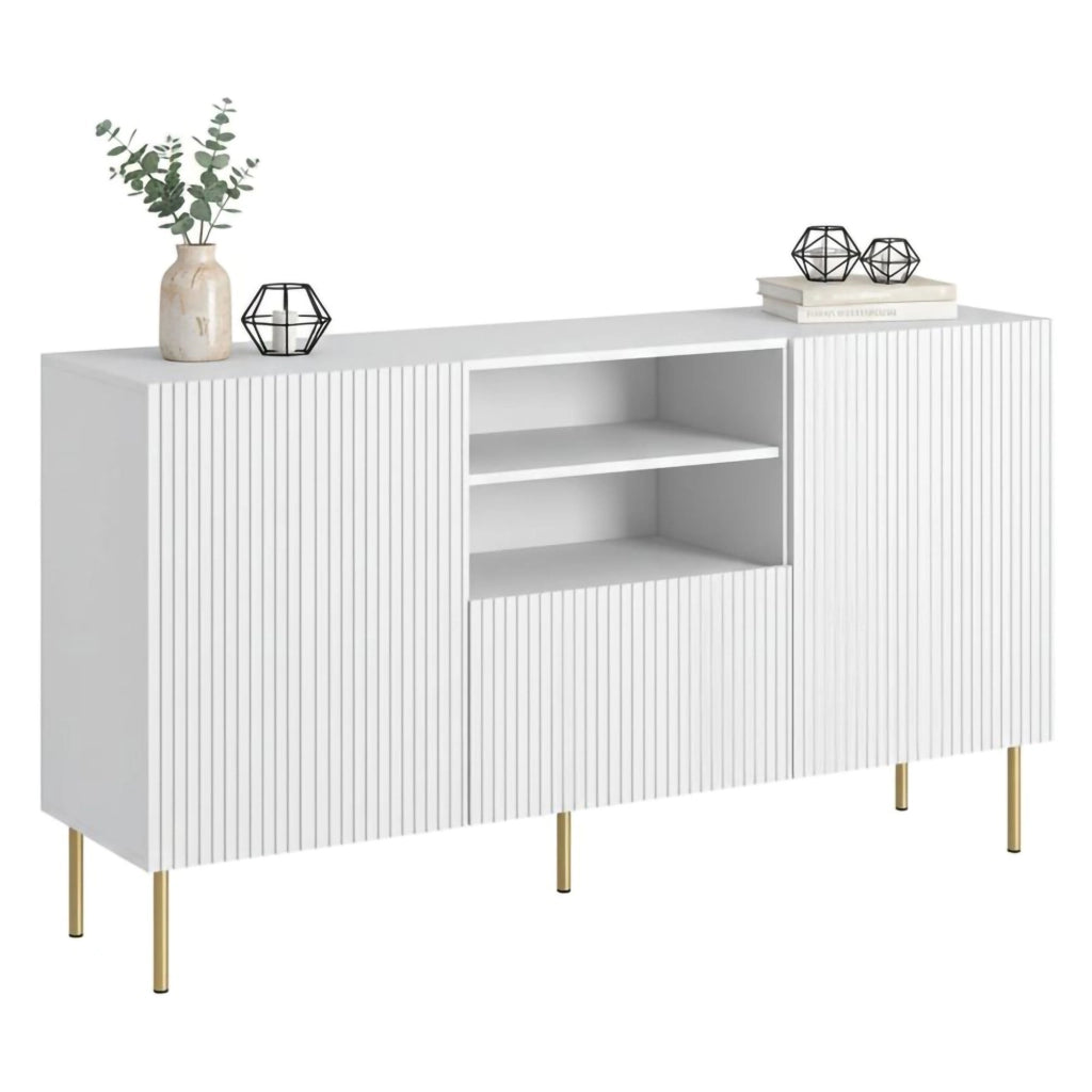 Credenza Stornara, Madia da salotto con due ante battenti, un cassetto e due vani aperti, Design con effetto cannettato, 150x42 h82 cm, Bianco